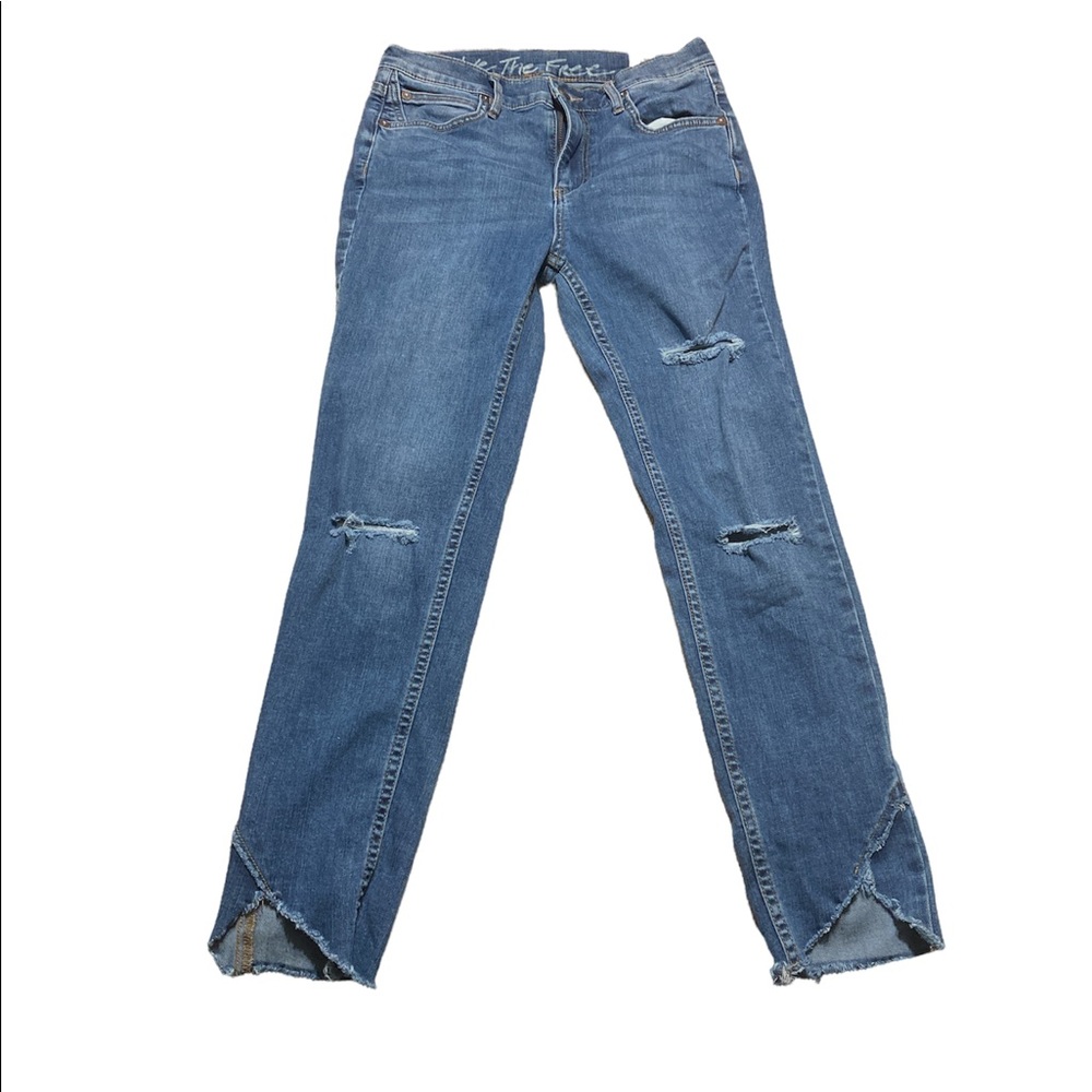 Free People We the Free Distressed Med Wash Denim with Angled Hemline Size 27